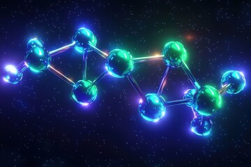 Poster - futuristic 3d render of glowing interconnected molecules in cosmic space