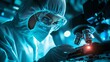 © ธนากร บัวพรหม - A focused scientist in a lab coat and safety gear examines a sample under a high-tech microscope, illuminated by blue light, showcasing cutting-edge research.
