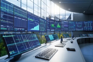 Poster - Bright control room featuring multiple screens displaying real-time data and analysis.