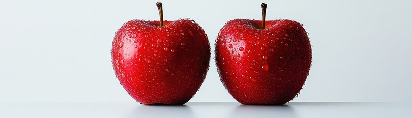 Wall Mural - Two vibrant red apples with refreshing water droplets, picture of freshness and health