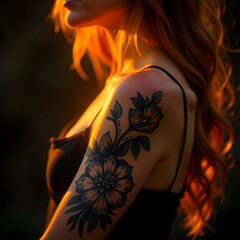 Wall Mural - A woman standing outdoor with sunlight and a flower tattoo on her arm