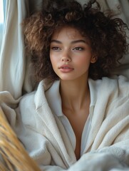 Canvas Print - Young woman with curly hair relaxing by a window wrapped in a warm blanket during the morning