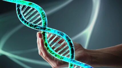 Poster - Rotating dna double helix gently held by human hand, representing scientific exploration of genetic research and medical innovation in detailed 3d slow motion visualization