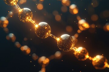 Poster - abstract golden spheres interconnected in chain with glowing network on dark background