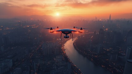 Wall Mural - Drone flying above city skyline at sunset with river flowing through landscape