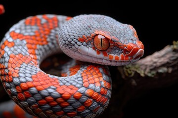 Aufkleber - Colorful snake curled on a branch in a dark habitat showcasing vibrant scales and an intense gaze during twilight hours in a tropical forest