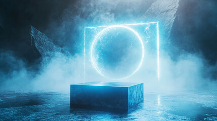 Poster - Futuristic glowing portal rises from a mysterious stone platform in an ethereal environment