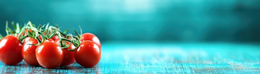 Wall Mural - Three vibrant red tomatoes on a striking blue table, study in color and freshness