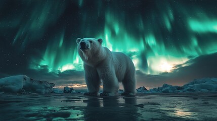 Wall Mural - Majestic polar bear under the northern lights in a frozen arctic landscape at night