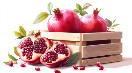 Wall Mural - Abundant harvest, ripe pomegranates overflowing from a rustic wooden crate wooden