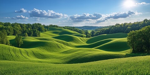 Wall Mural - Vibrant green rolling hills under a bright blue sky at midday with fluffy clouds