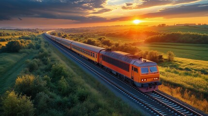 Wall Mural - Sunset over railroad tracks with freight train near urban skyline