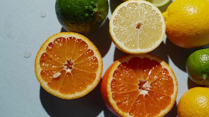 Aufkleber - Vibrant citrus fruits, including oranges, lemons, limes, and grapefruits, are displayed on a pastel blue background, creating a refreshing and colorful composition in slow motion