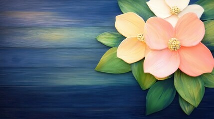 Wall Mural - colorful floral arrangement on textured blue wooden background