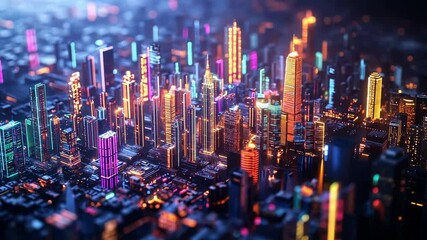 Poster - Glowing skyscrapers towering over a vibrant, futuristic cityscape, illuminated by colorful neon lights at night, create a mesmerizing and dynamic urban landscape filled with energy