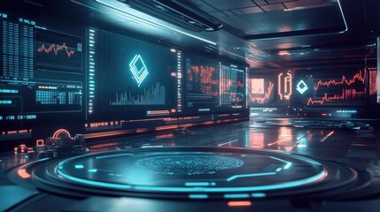 Wall Mural - Glowing digital assets orbit a sleek cryptocurrency station in deep space