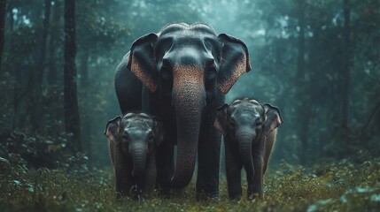 Wall Mural - wildlife conservation image of asian elephant family, strong and gentle elephants standing together 