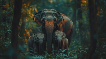 Wall Mural - wildlife conservation image of asian elephant family, strong and gentle elephants standing together 