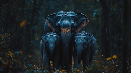 Wall Mural - wildlife conservation image of asian elephant family, strong and gentle elephants standing together 