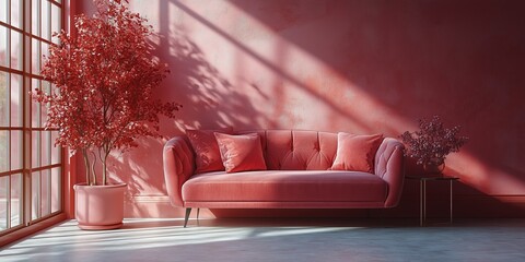 Wall Mural - Stylish interior with pink sofa and vibrant plants in a sunlit room