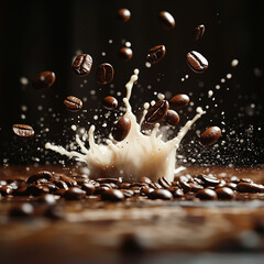 Dynamic Coffee Beans Splashing into Creamy Milk 