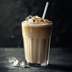 Wall Mural - Iced Latte in a Glass with Ice Cubes and Straw