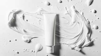 Poster - A sleek tube of white cream sits gracefully against a backdrop of smooth, flowing cream, creating an artistic composition that highlights elegance and purity in design