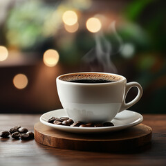 Wall Mural - Warm Coffee Cup with Rich Foam and Coffee Beans on Wooden Table 