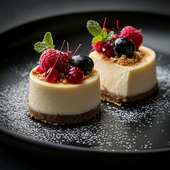 Poster - Elegant Raspberry Cheesecakes on Black Plate 