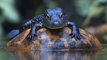 Wall Mural - reptilian wildlife close-up of a young nile crocodile resting on a rock, displaying sharp teeth, sca