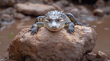 Wall Mural - reptilian wildlife close-up of a young nile crocodile resting on a rock, displaying sharp teeth, sca