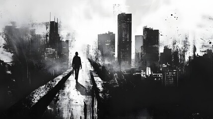 Poster - A lone figure silhouetted against the towering skyscrapers of a dark gritty cityscape evokes a sense of isolation and contemplation in the face of an uncertain futuristic urban environment