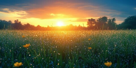 Poster - Beautiful sunset casting warm light on dew-covered grass in serene natural setting