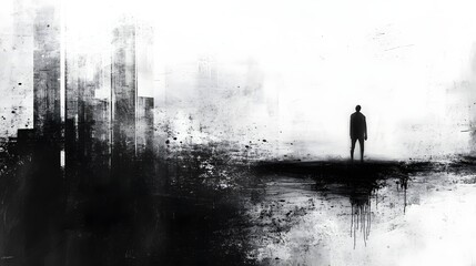 Aufkleber - A lone human figure stands silhouetted against a moody gloomy cityscape with towering skyscrapers and an ethereal atmospheric environment  The scene evokes a sense of isolation contemplation