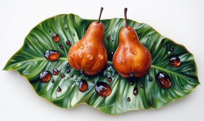 Still life of two pears on a leaf with water droplets; kitchen, food photography, advertisement