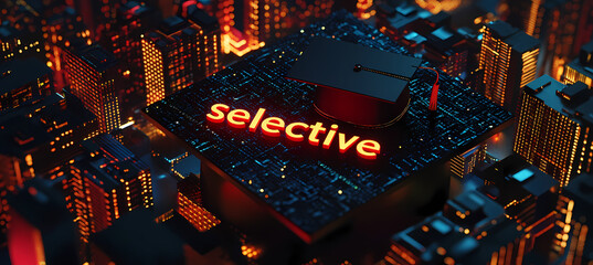 Aufkleber - Selective Cityscape: A futuristic cityscape comes alive with glowing lights, with 