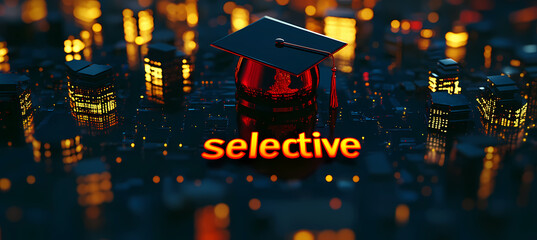 Poster - Intellectual Cityscape: A vibrant and thought-provoking graphic resource. A cityscape symbolizing knowledge and education, with a graduation cap poised above the central structure.