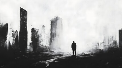 Aufkleber - A Solitary Silhouette in the Misty Urban Landscape