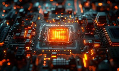 Poster - Detailed Closeup of a Computer Processor with Orange Lighting and Complex Circuitry
