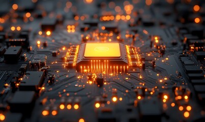 Poster - Detailed view of a glowing central processing unit on a dark circuit board with many golden lights