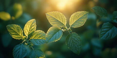 Wall Mural - Sunlight filtering through lush green leaves in a serene forest setting