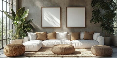 Wall Mural - Cozy living room with white sofa, natural decor, and large windows in modern apartment