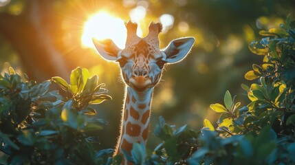 Wall Mural - Giraffe gazing through lush greenery during golden hour in a natural setting