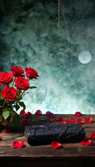 Wall Mural - Mystical Gothic Altar: A mysterious altar adorned with a dark obsidian centerpiece, black candles dripping with wax, crystal prisms casting scattered light, and deep red roses intertwined with chains,