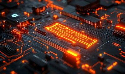 Poster - Glowing Orange Circuit Board Close-Up Detail Abstract Technology Background