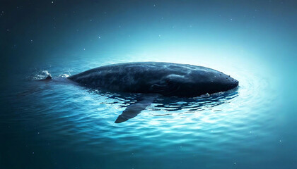 Wall Mural - Whale in the Abyss: A surreal view of a massive blue whale swimming effortlessly through deep ocean waters, its silhouette illuminated by faint beams of light filtering through the distant surface.