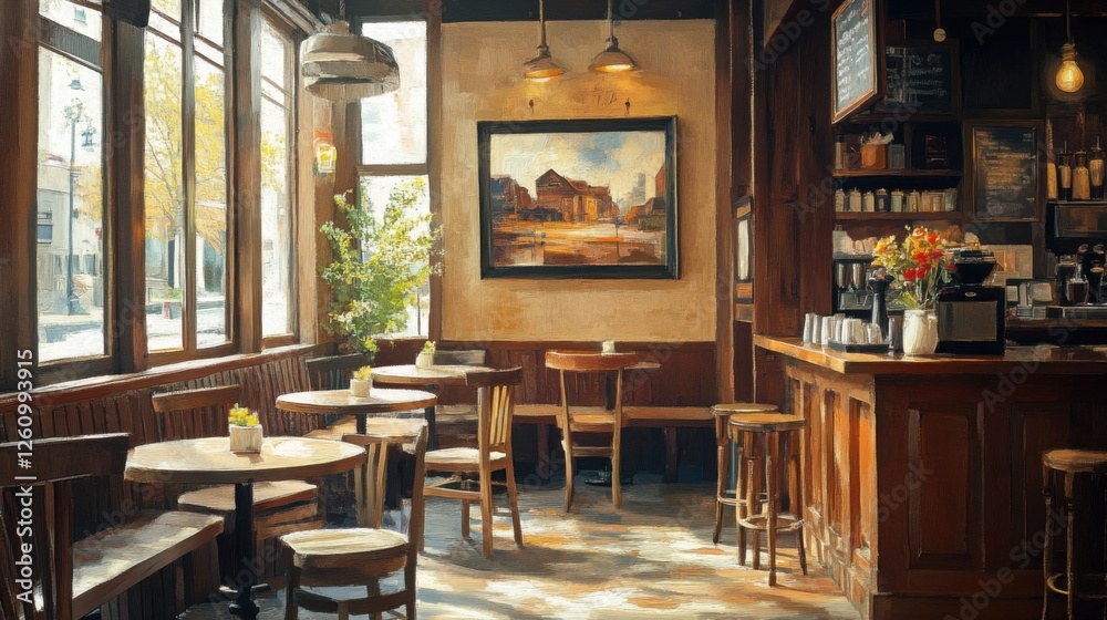 Painting of a cozy small-town restaurant featuring wooden interiors ...