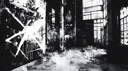 Aufkleber - Abandoned and Dilapidated Industrial Warehouse Interior with Broken Windows and Crumbling Debris