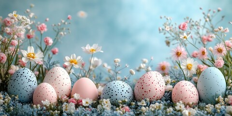 Wall Mural - Colorful Easter eggs decorated with flowers in a serene spring setting