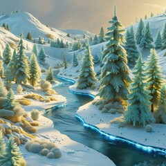 Wall Mural - Serene winter landscape with a slowly icy river. Flowing through snow-covered landscapes